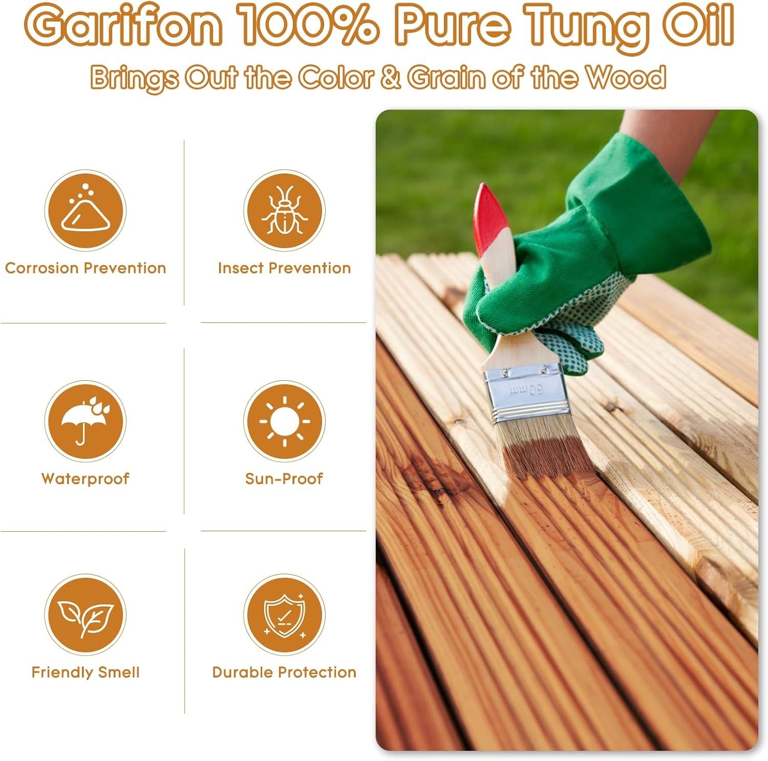 10 OZ Pure Tung Oil for Wood Outdoor/Indoor, Food Grade Sealer, Tung Oil Finish