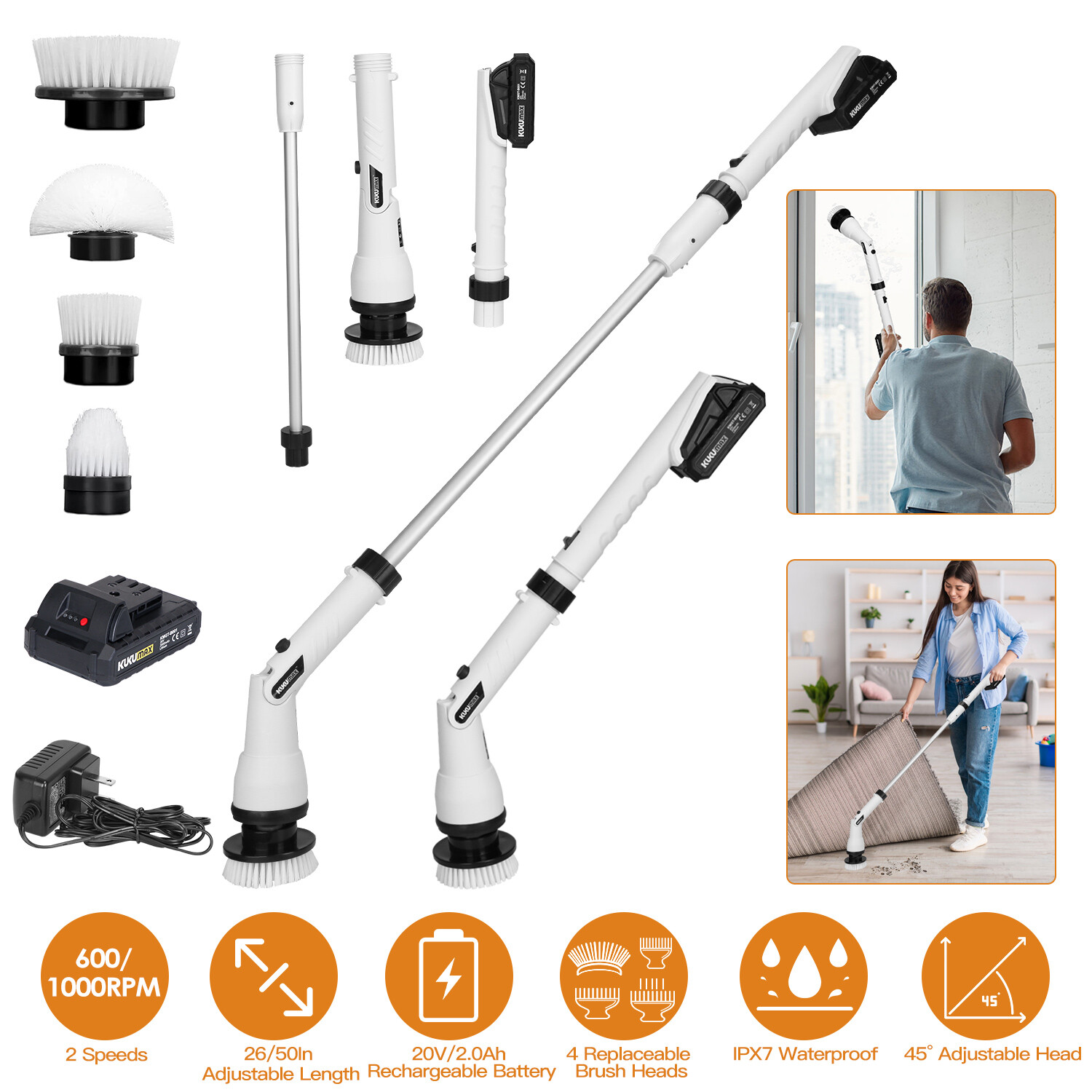 Electric Spin Scrubber Cordless Brush Rechargeable Cleaning Brush with 4 Head