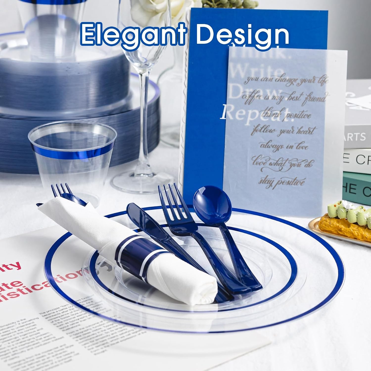 350 PCS Dark Blue Plastic Dinnerware Set for Party, Clear Disposable Plates fo
