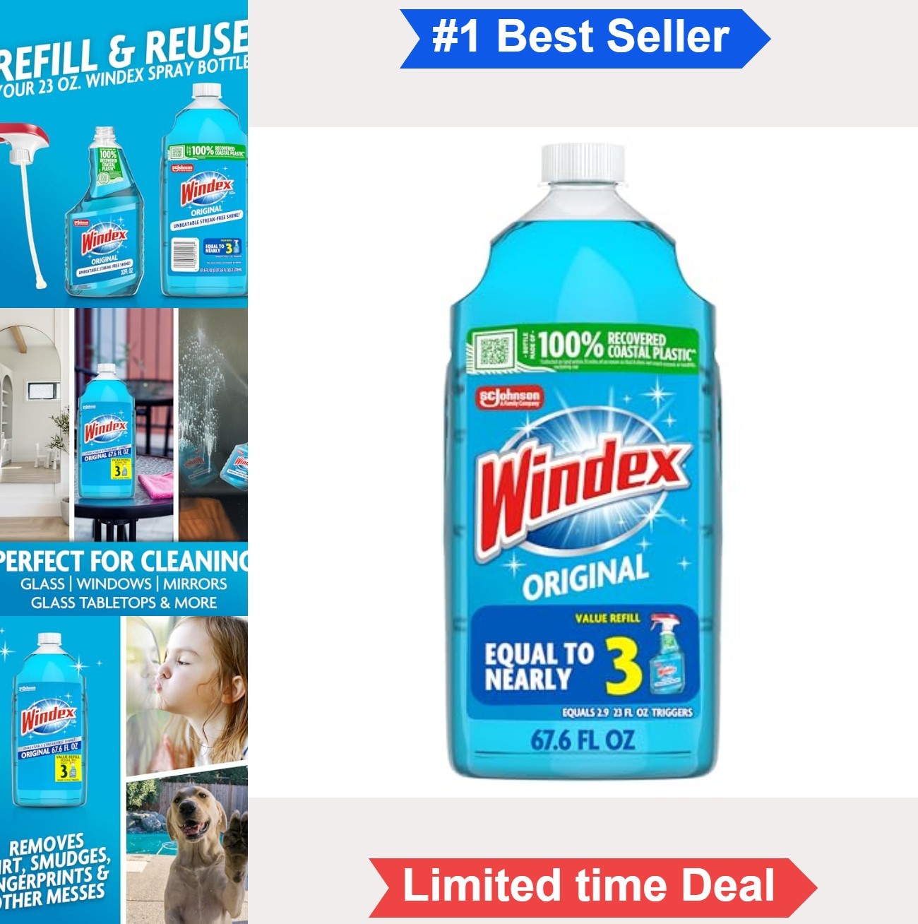 Glass Window Cleaner Refill 2L Original Scent Streak Free 67.6 Fl Oz Spray