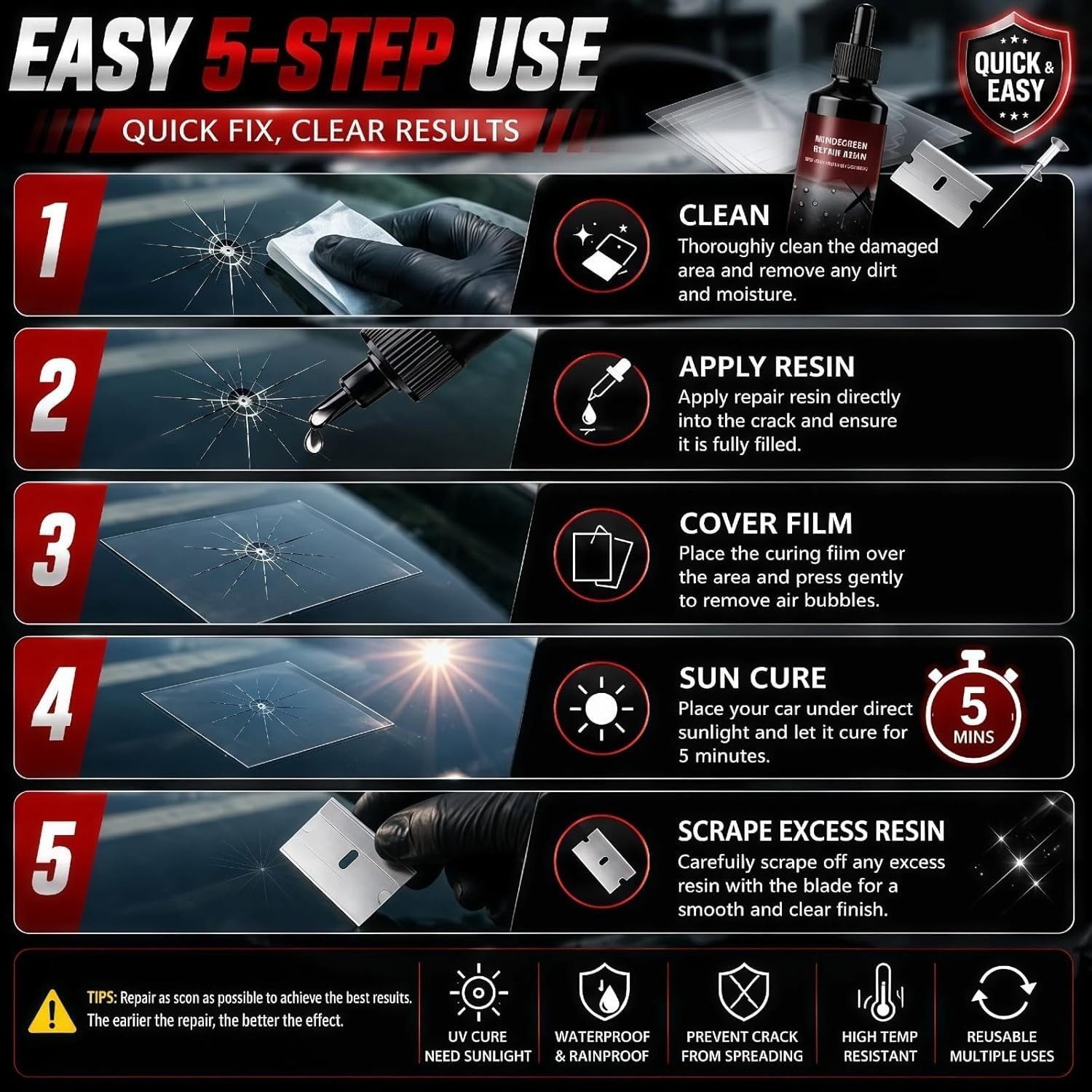 ZIXCARE Windshield Chip Repair Kit – Auto Glass Repair for Cracks