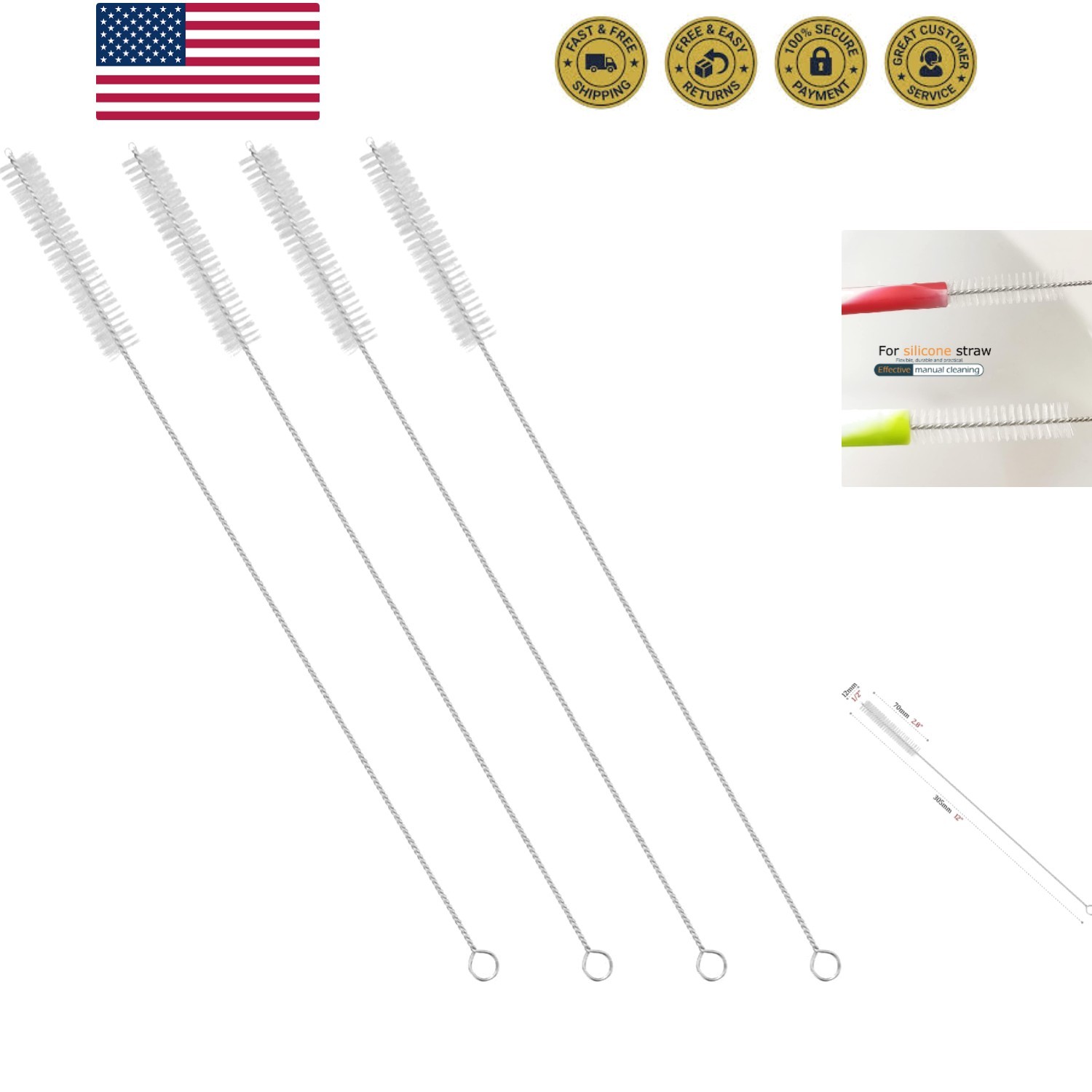 Drinking Straw Cleaning Brushes Set 12″ Extra Long 12mm Extra Wide Pipe Tube …