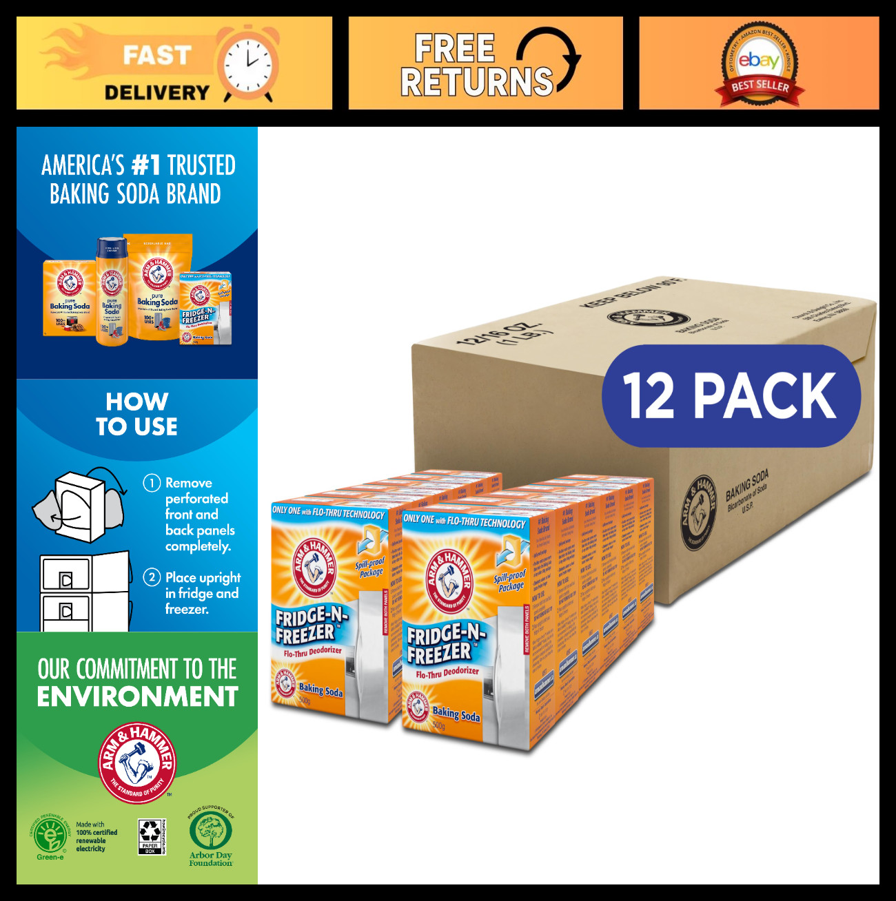 Odor Absorber Baking Soda for Fridge & Freezer, 14 oz, Pack of 12, Fresh Orange