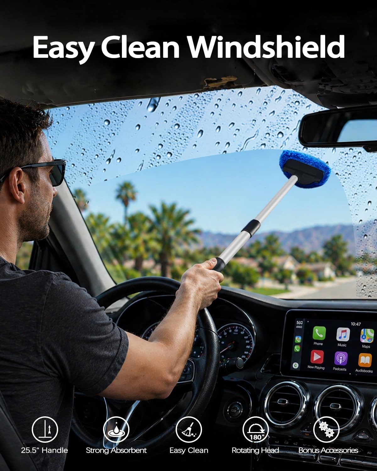 25.5″ Extra-Long Reach – Super Absorbent Coral Velvet Windshield Cleaner Tool