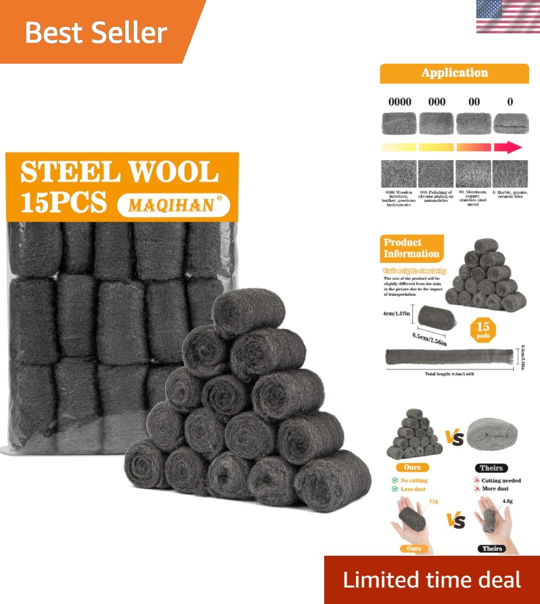 High-Quality Steel Wool Pads 0000 (15 Count) for Flawless Polishing & Filling