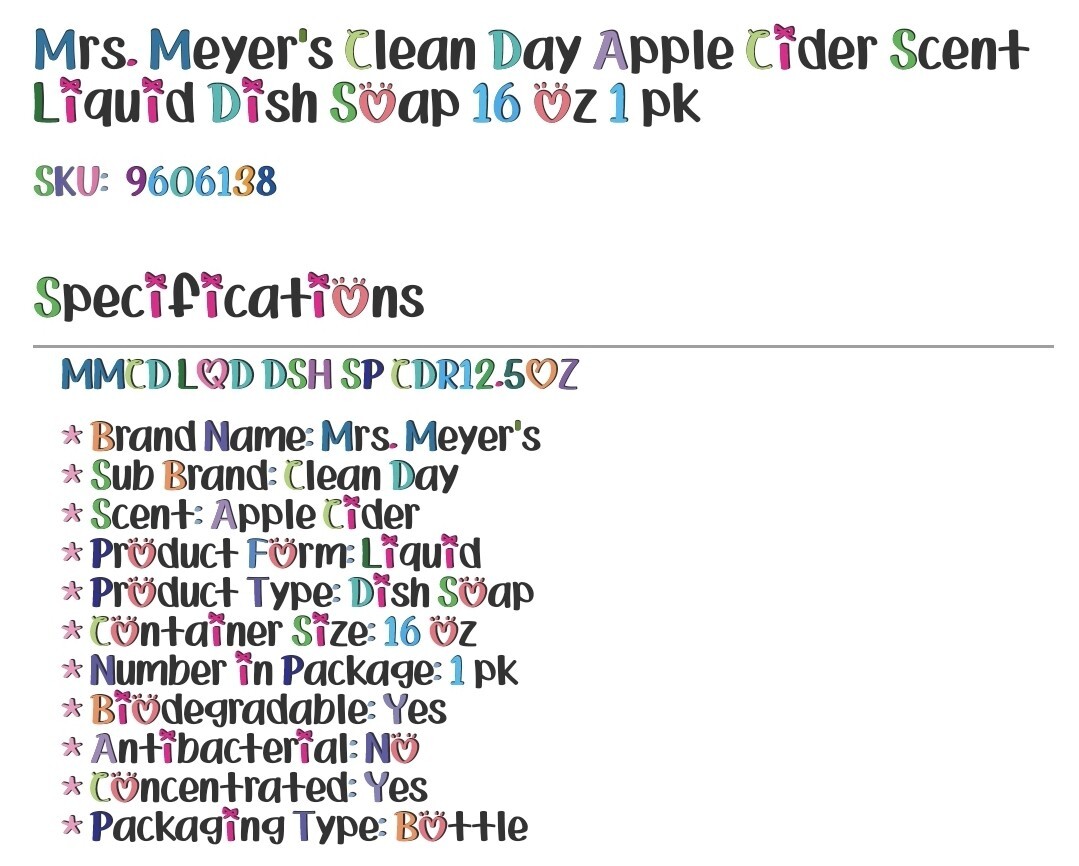 NEW, Mrs. Meyer’s Clean Day 16 Oz. Apple Cider Dish Soap 70050