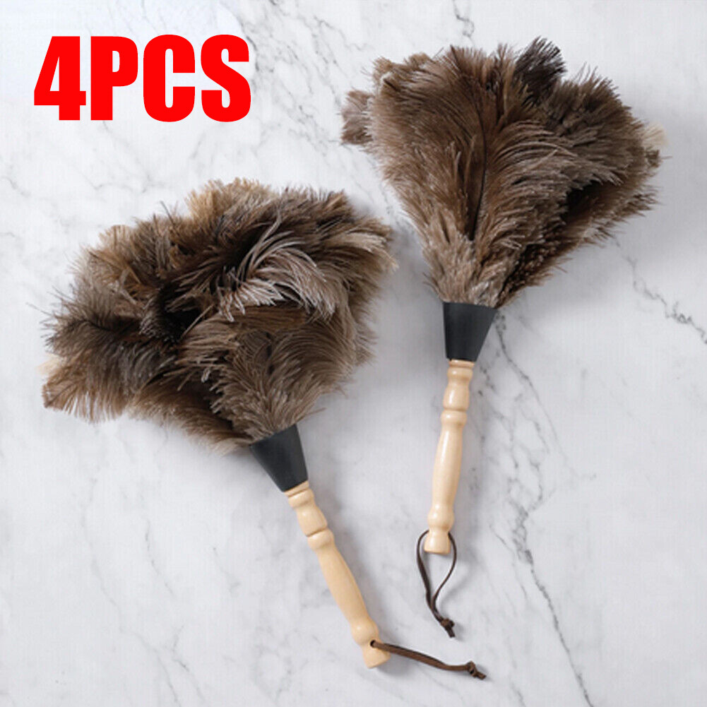 4 PCS 13inch Ostrich Feather Duster Dust Collecting Cleaning Tool Wooden Handle
