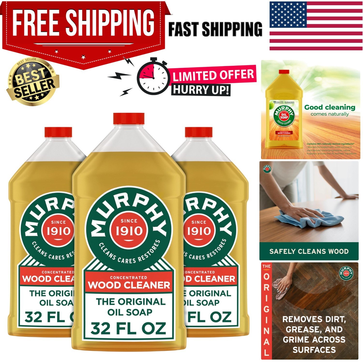 Eco-Friendly Oil Soap Wood Cleaner – 3 Pack of 32 fl oz with Citronella Scent