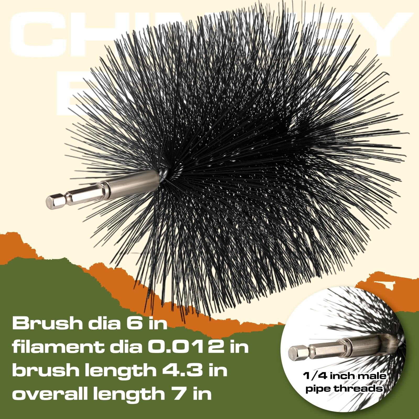 Wire Chimney Cleaning Brush with 1/4 Npt Fitting and 12 Rods, 6 Inch Round St…
