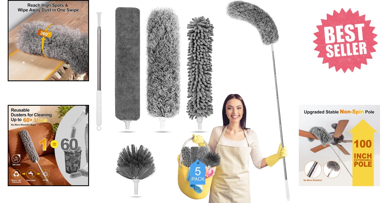 Ultimate 5-in-1 Microfiber Cleaning Duster Kit with 100 Inch Extension Pole