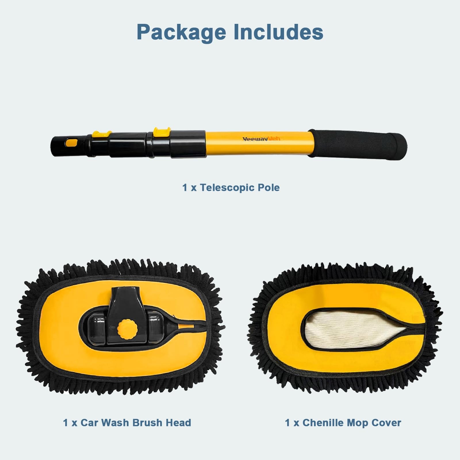 Car Wash Brush with Long Handle, Microfiber Mop & Replaceable Chenille Head