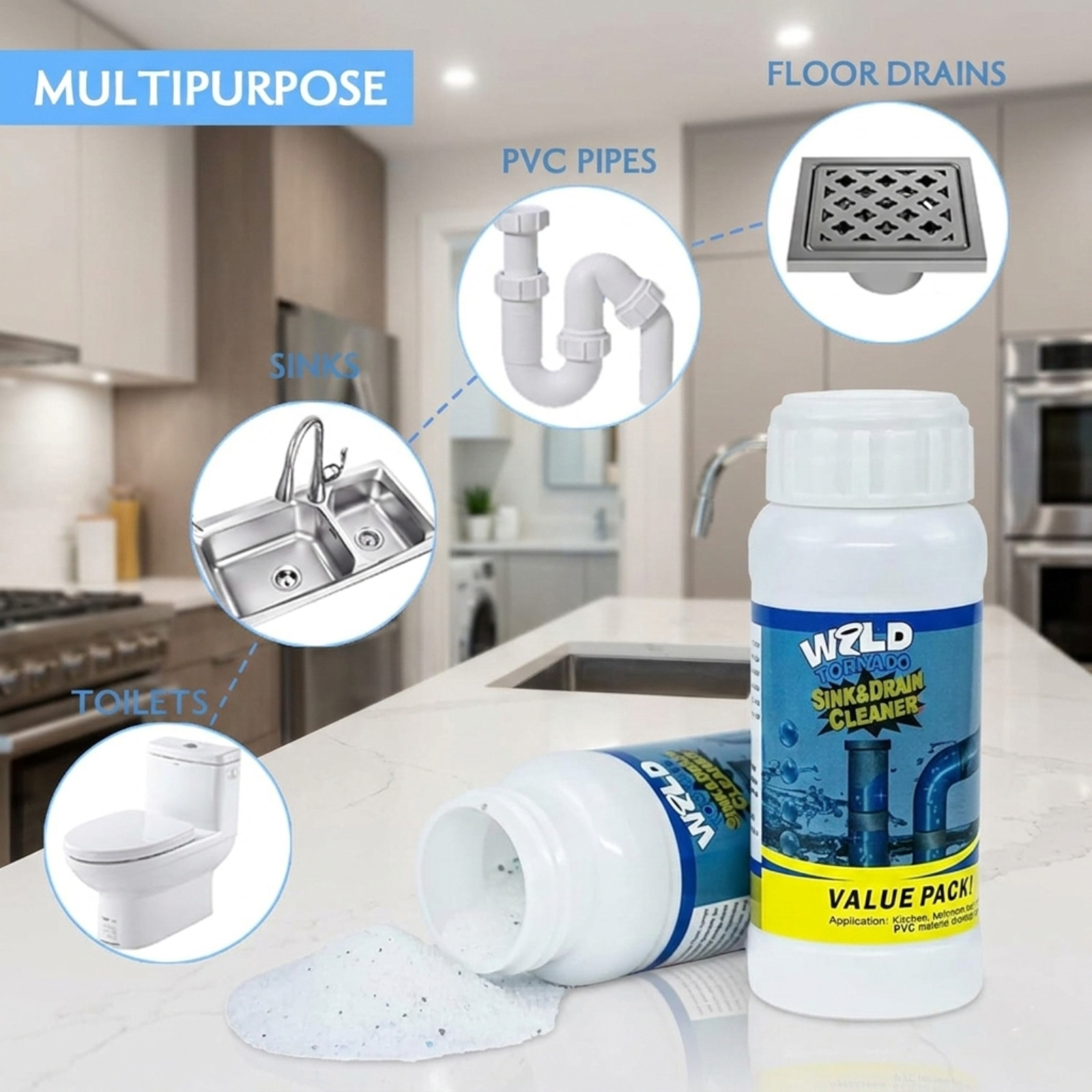 Pack of 4 Wild Tornado Powerful Sink Drain Cleaner – Fast Clog Remover for Kitch