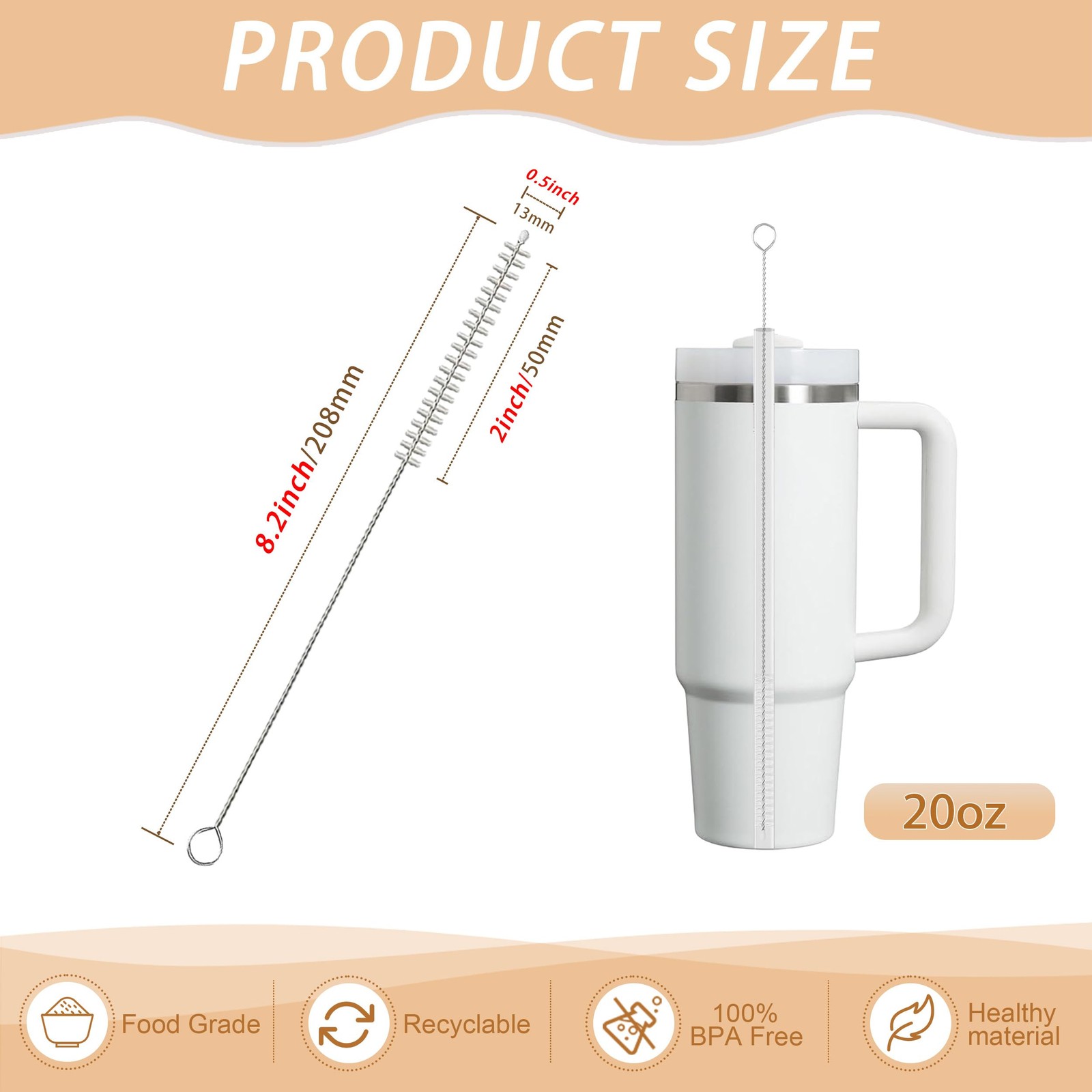 2Pcs Straw Cleaner,Straw Cleaner Brush for Metal/Glass/Silicone Straws,Reusab…