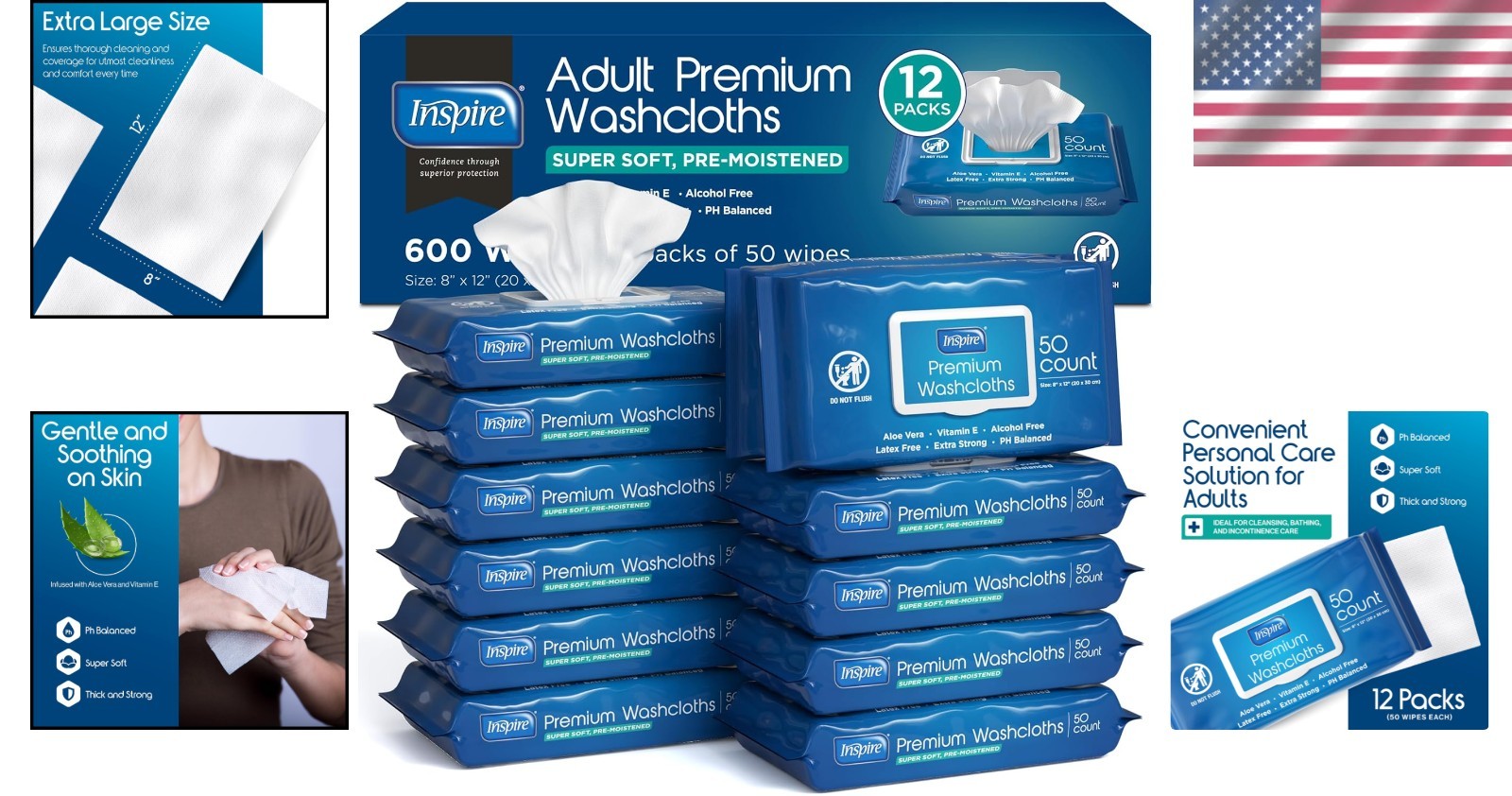 Extra-Large Adult Wipes – 8×12 Aloe Vera Cleansing Cloths for All Skin Types