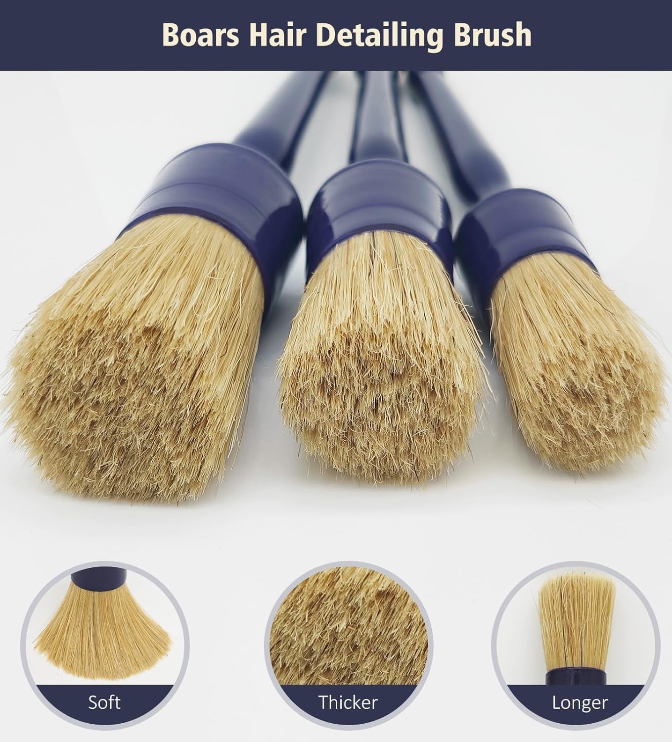 Car Detailing Brush Set, 3 Pack Ultra Soft Boars Hair Detailing Brushes for