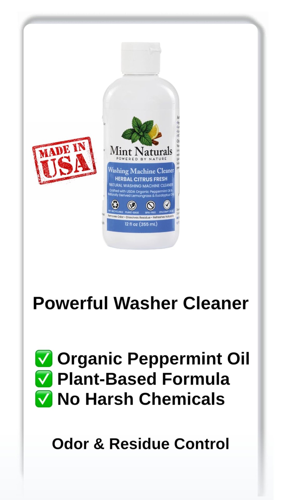 Natural Washing Machine Cleaner Front/Top Load Odor Remover 12oz Deep Clean