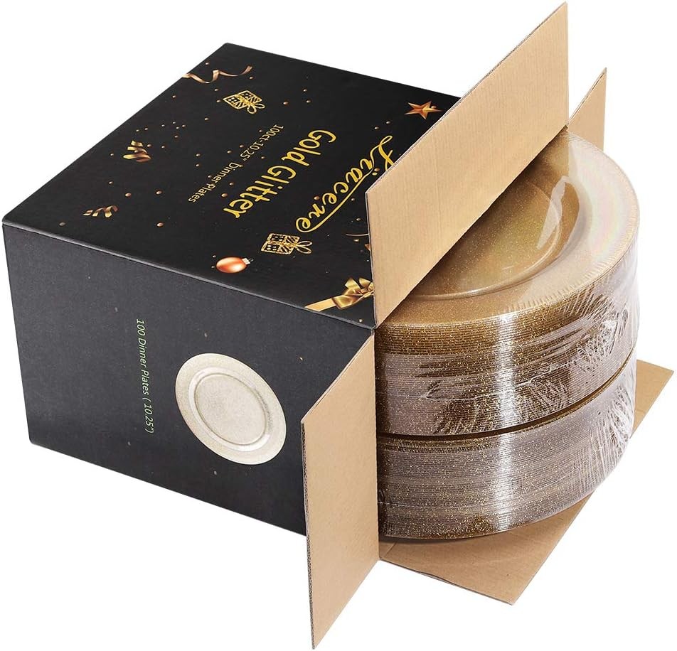 Liacere 100Pieces Gold Plastic Plates-Disposable Gold Glitter Plates-10.25inch