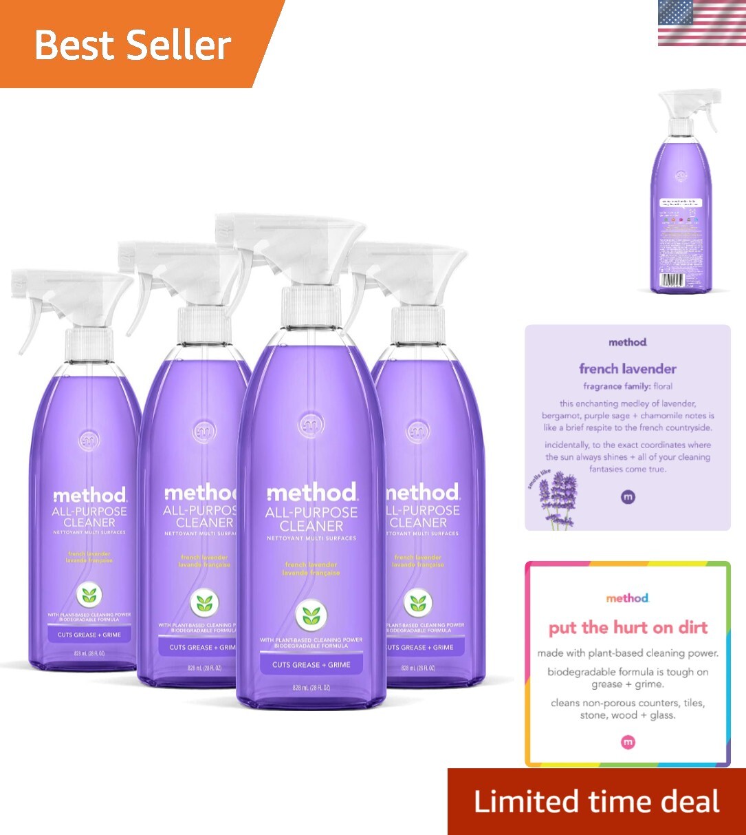 Eco-Friendly All-Purpose Cleaner Spray – French Lavender, 28 Fl Oz (Pack of 4)