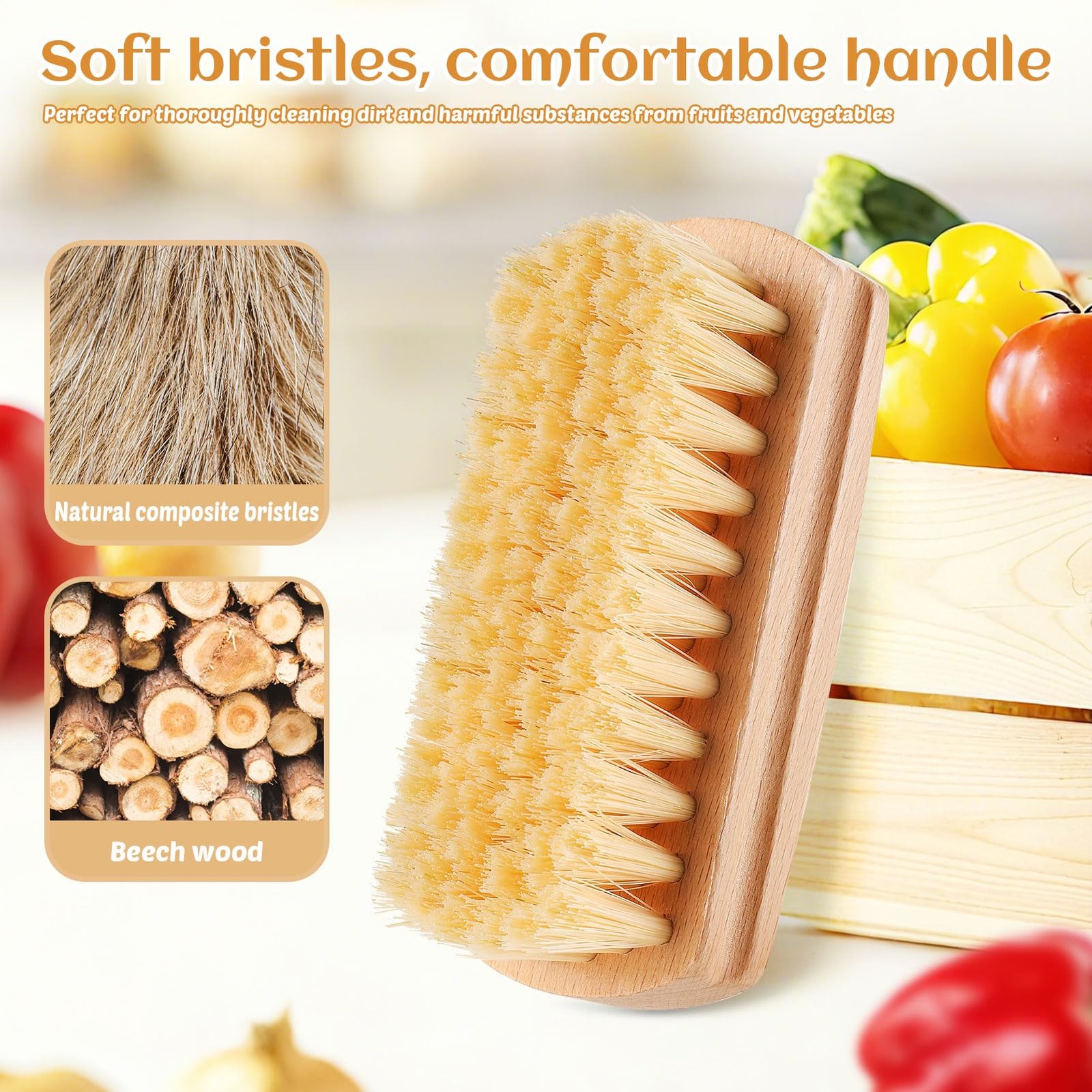 Vegetable and Fruit Cleaning Brush Scrubber Beechwood Handle Fruits Veggie Wa…