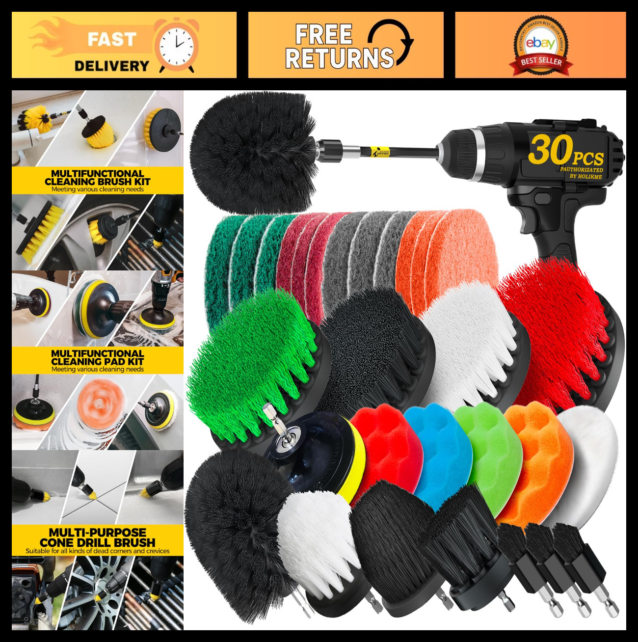 30-Piece Drill Brush Set with Long Handle, Scrub Pads for Grout, Tiles, Bathtub,