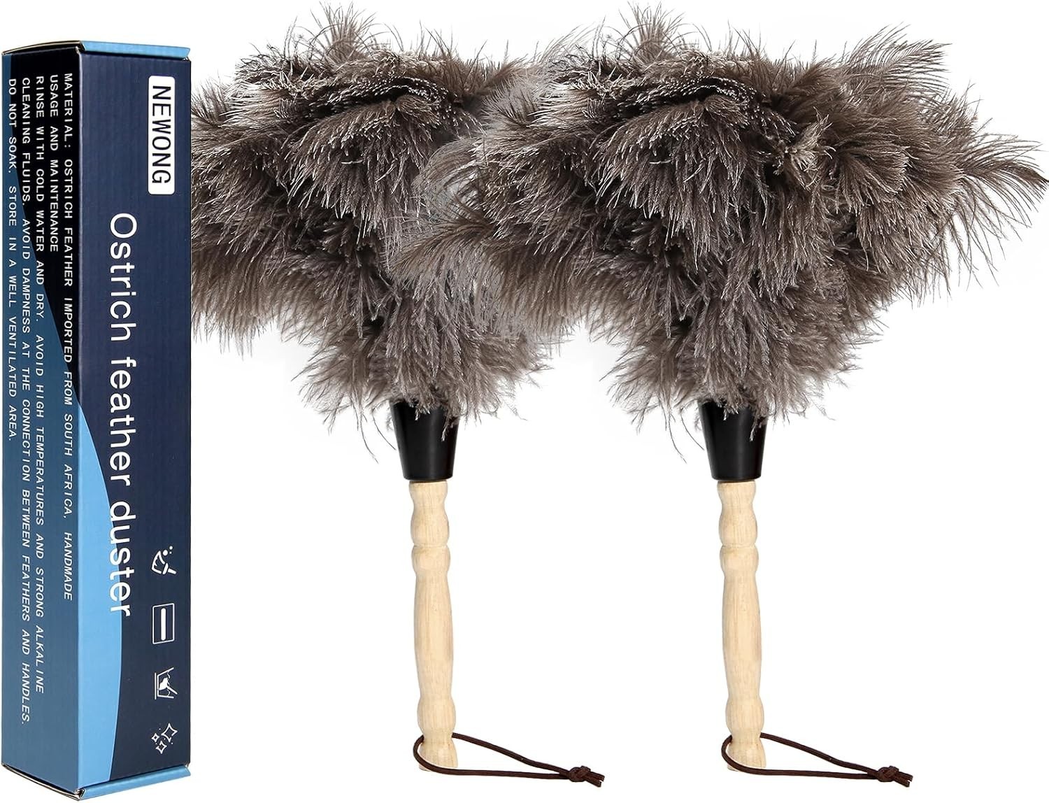 Ostrich Feather Duster 2pcs Natural Feathers with Wooden Handle for Cleaning