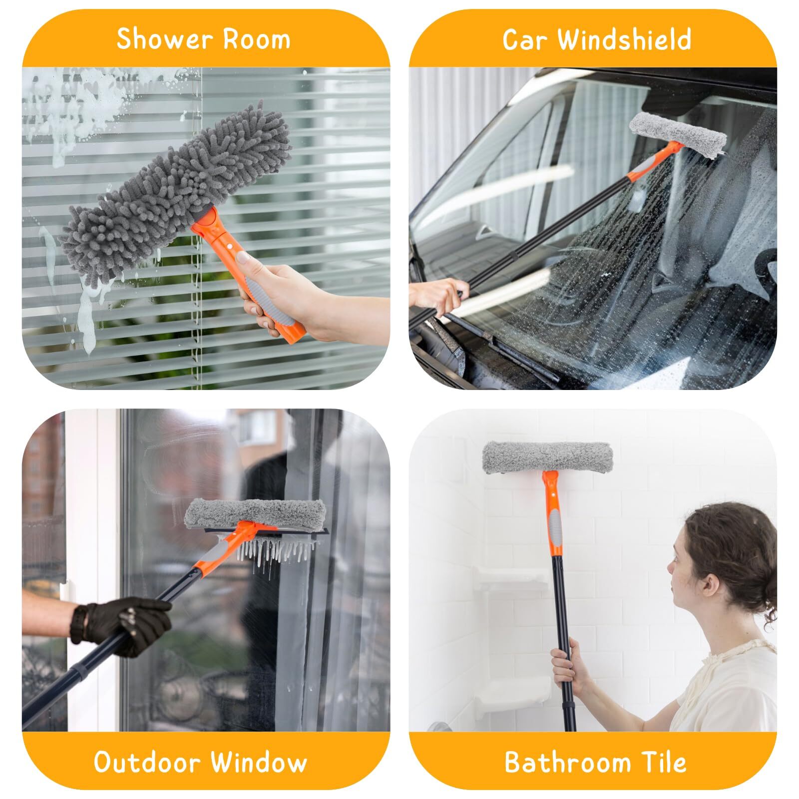 2-In-1 Professional Window Squeegee Cleaner w/ Extension Pole for Indoor Outdoor