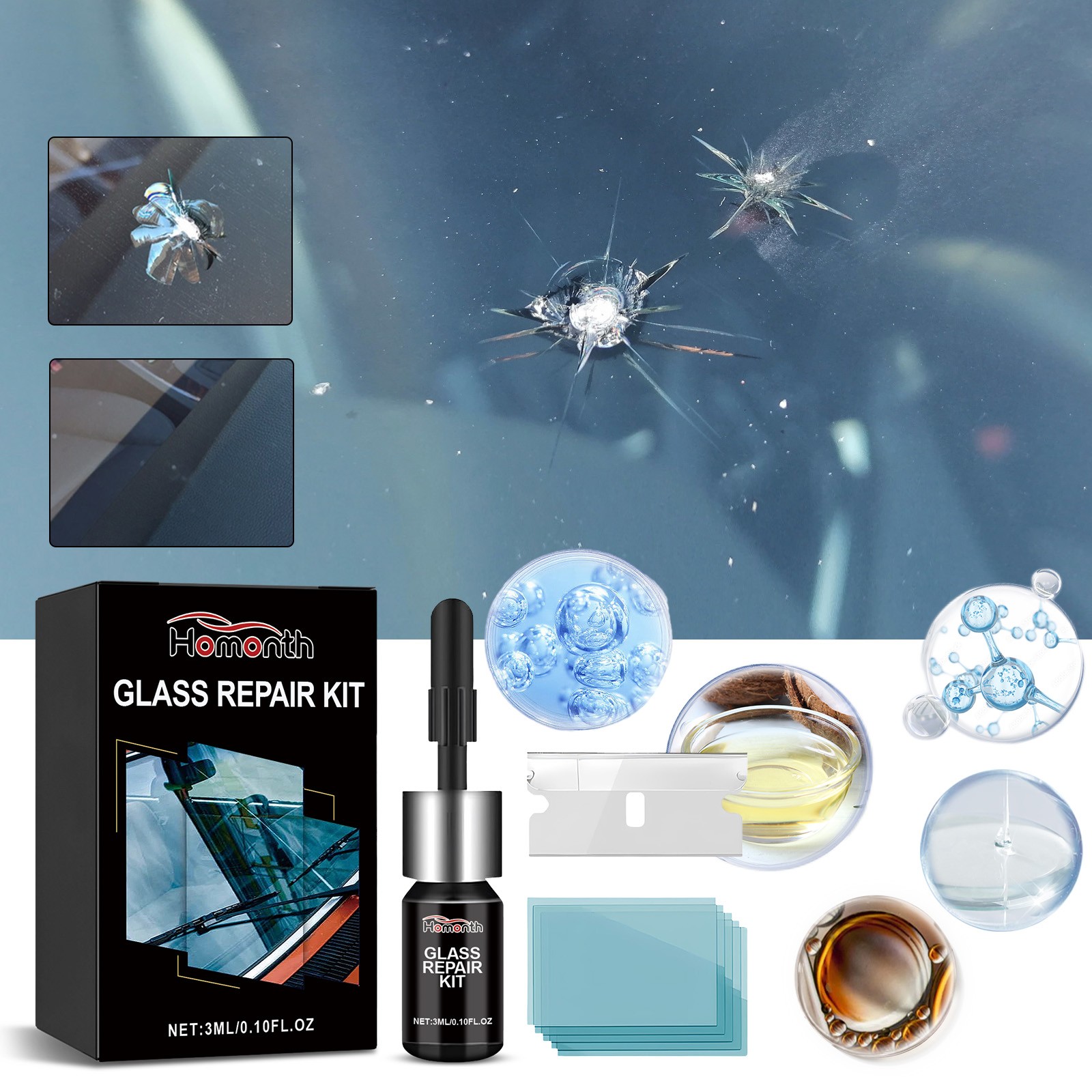 Windshield Repair Kit – Rock Chip & Crack Auto Glass Fix UV Cure DIY