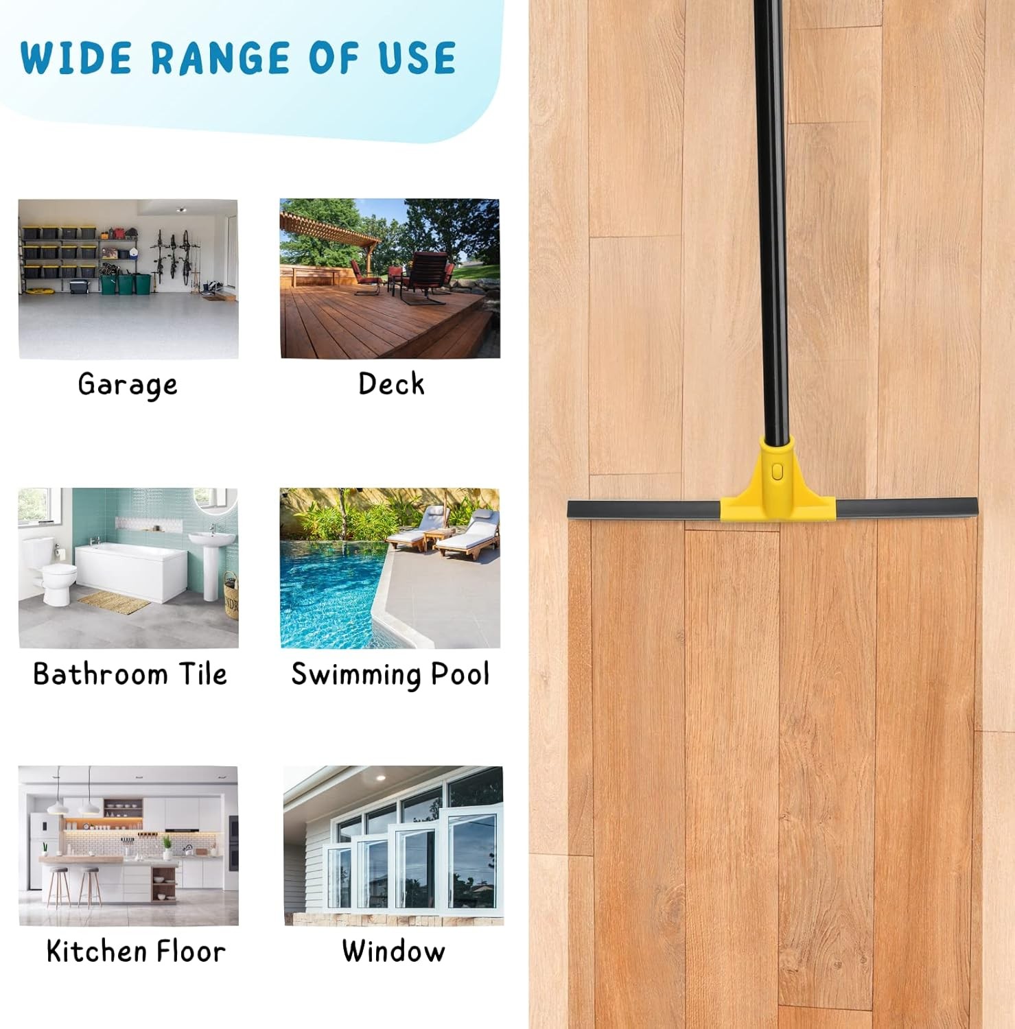 Squeegee Broom for Floor, 18” Heavy Duty Rubber Wiper with 60” Long Handle for