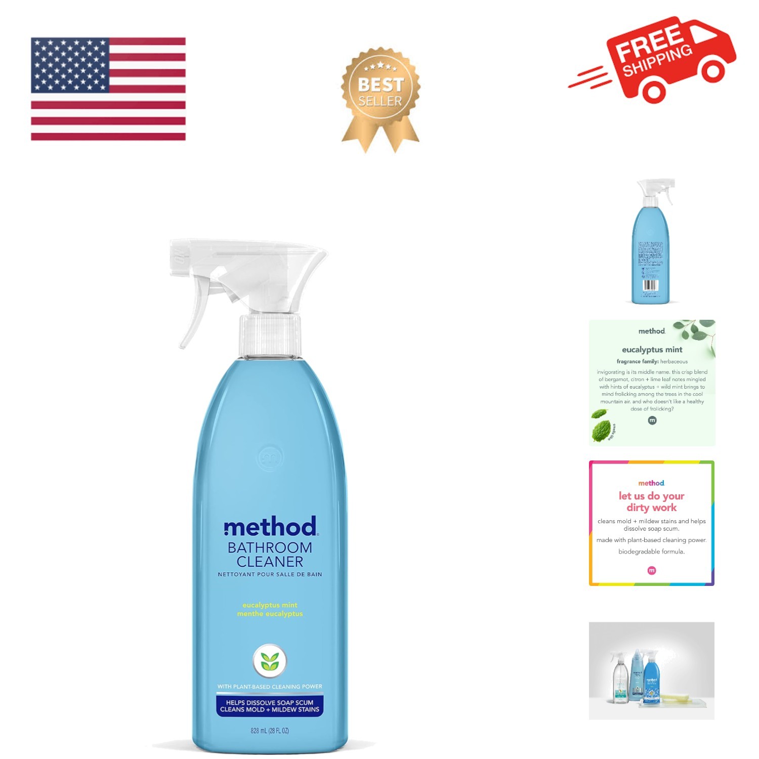 Bathroom Cleaner, Removes Mold + Mildew Stains, Eucalyptus Mint, 28 Fl Oz