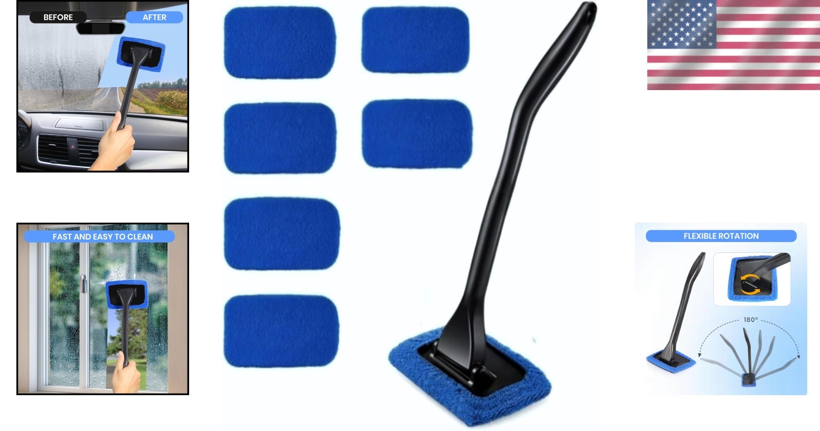 Professional Car Window Cleaner with 5 Microfiber Covers & 180° Rotating Tool
