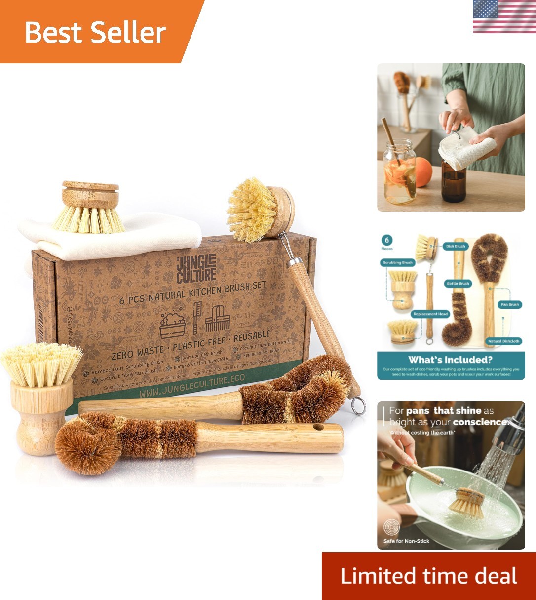Natural Bamboo and Coconut Dish Brush Set – 6 Versatile Kitchen Cleaning Tools