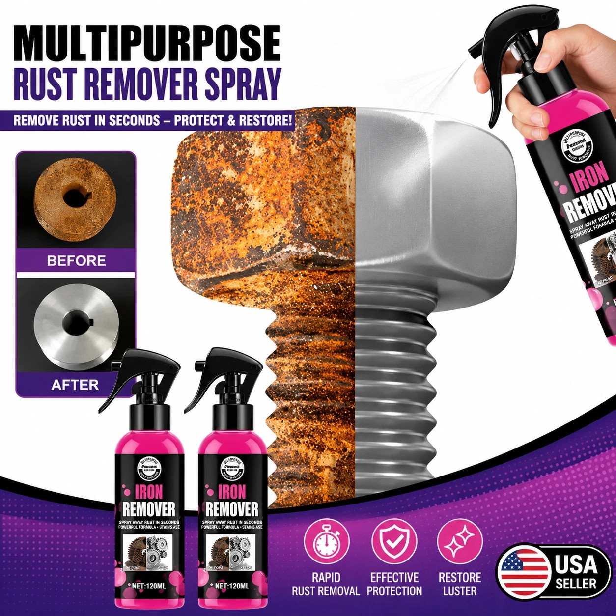 All-Purpose Rust Remover Spray 120ML Fast-Acting Iron Oxidation Eliminator