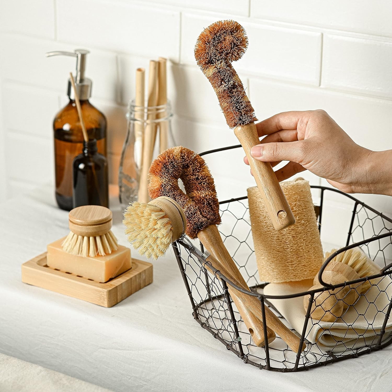 Natural Bamboo and Coconut Dish Brush Set – 6 Versatile Kitchen Cleaning Tools