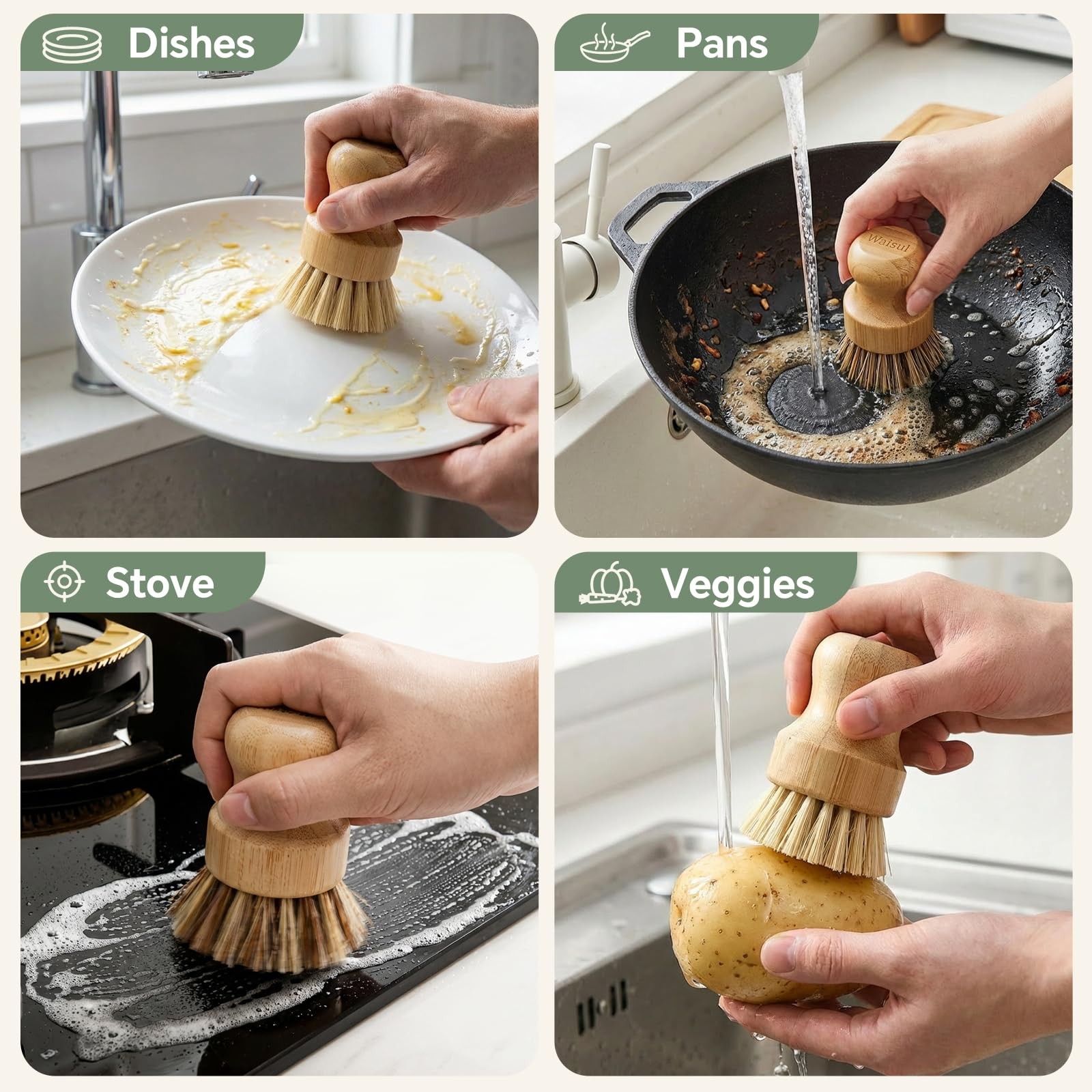 Bamboo Dish Brush Set, 4 Pack, Plastic-Free (2 Medium Sisal, 2 Firm Coconut C…