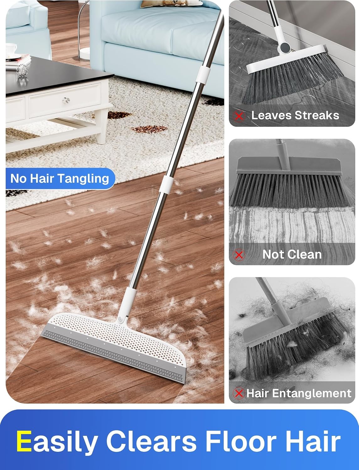 Silicone Floor Squeegee, 180° Rotating Air Broom, Squeegee for Floor with a Long