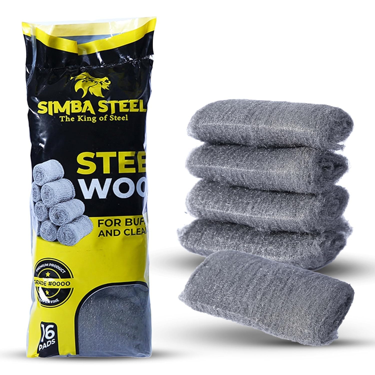 SIMBA Steel Wool Grade 0000 – Ultra-Fine Cleaning & Buffing Pads, 16 Pack