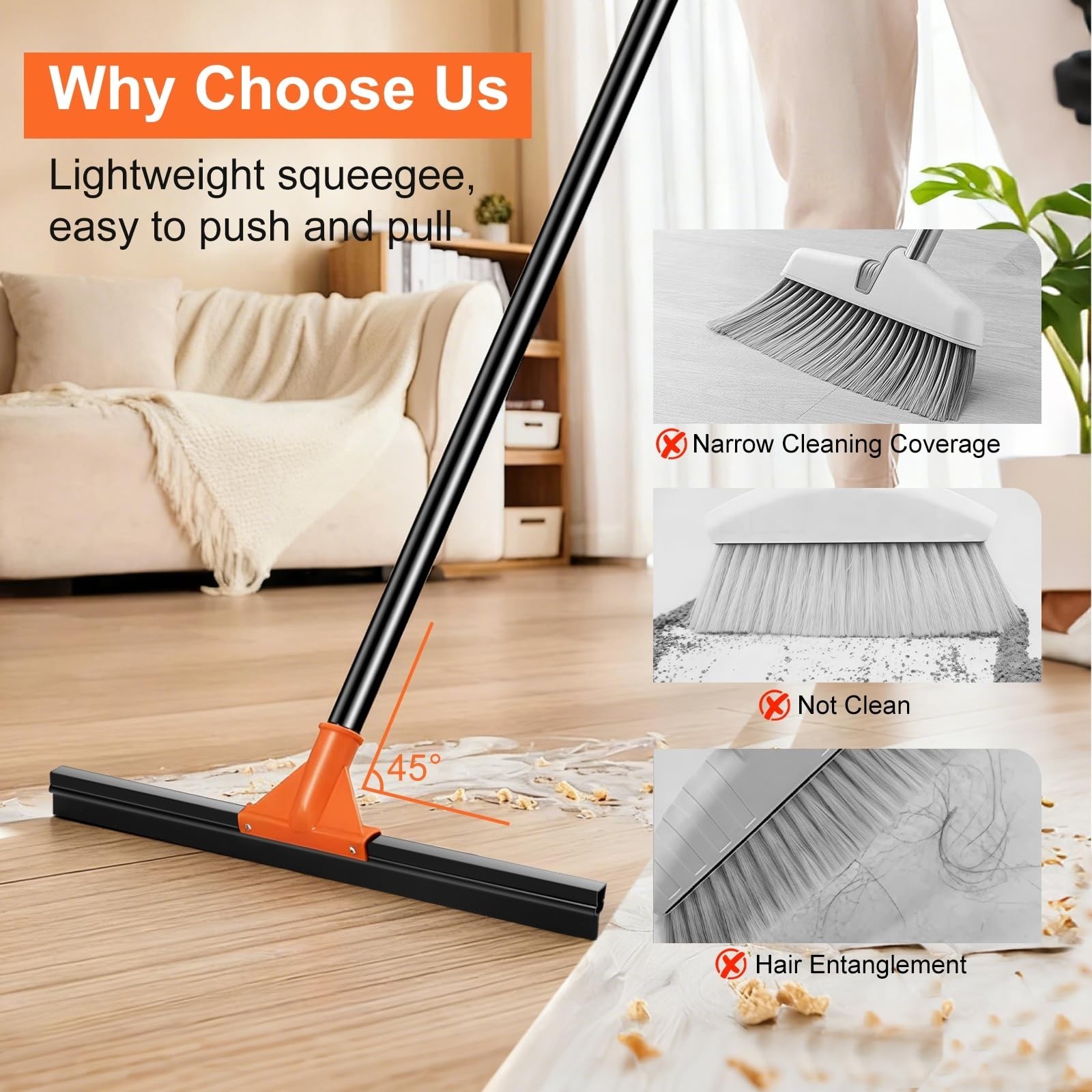 Heavy Duty 18″ Floor Squeegee with Long Handle – Rubber Wiper for Concrete, Tile