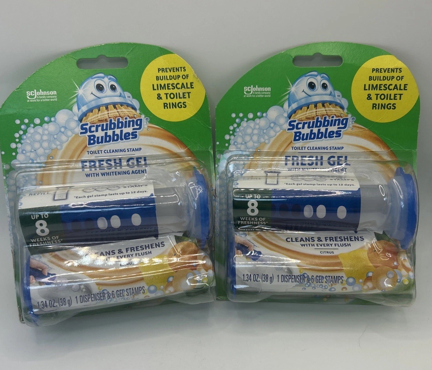 2 x Scrubbing Bubbles Fresh Gel Dispenser with 12 Total Stamps – 1.34oz Worn Box