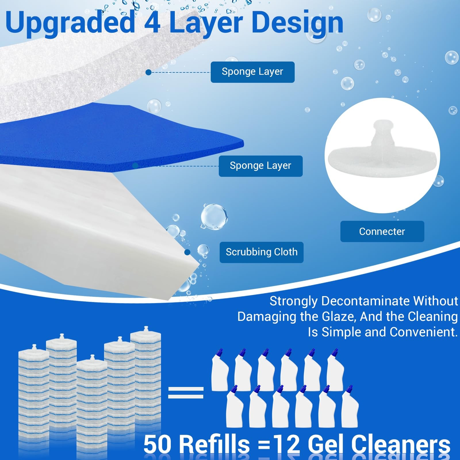 50 Counts Disposable Toilet Bowl Wand Refills, 5X Cleaning Power Toilet Clean…