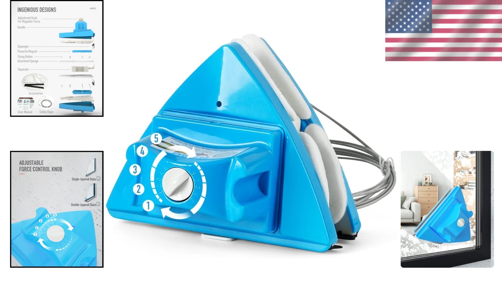 Adjustable Magnetic Window Cleaner with Safety Rope for High-Rise and Cars