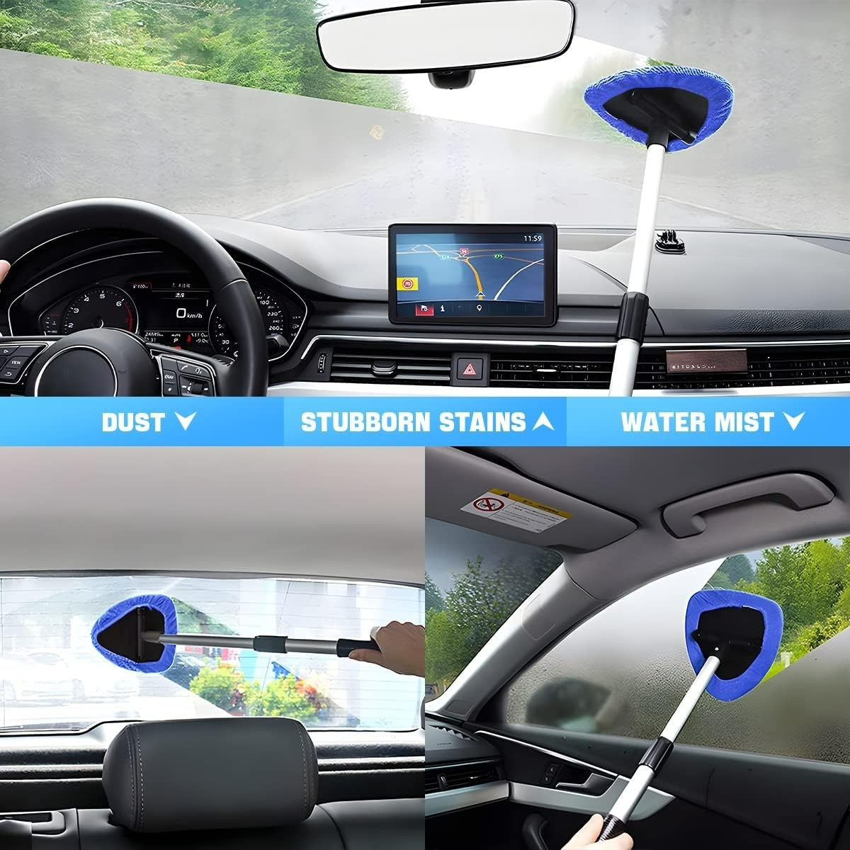 Car Window Cleaner with Extendable Long Handle and 4 Washable Reusable Microf…