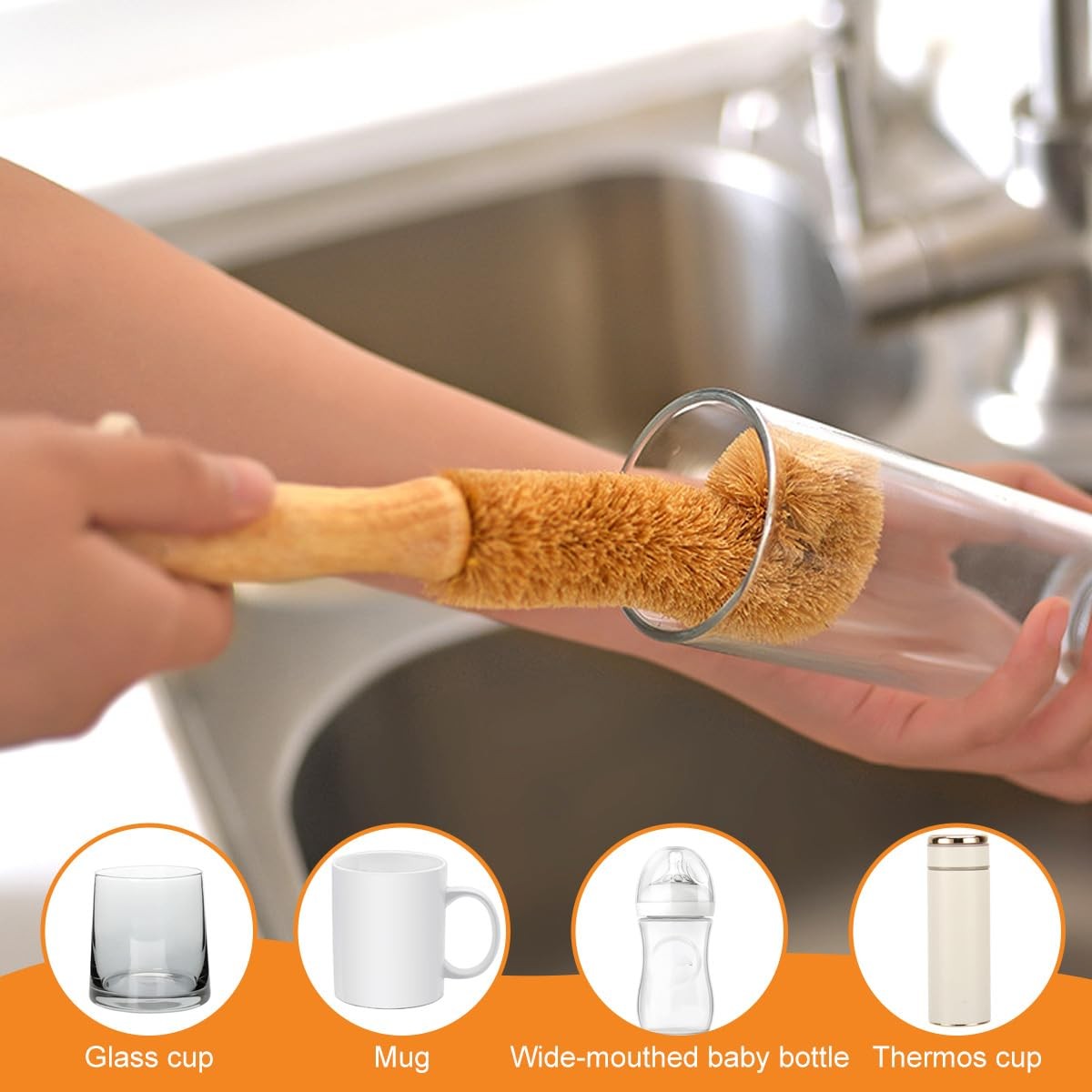 1Pcs 26CM/9.6Inch Natural Coconut Fiber Scrubber Brush with Wooden Handle Lon…