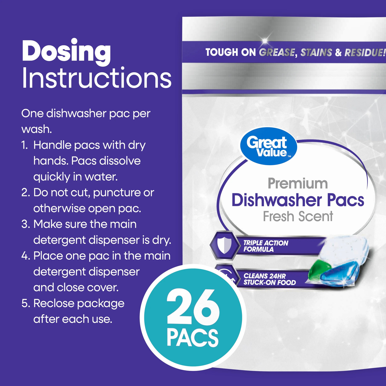 Premium Dishwasher Pacs, Fresh Scent, 26 Count