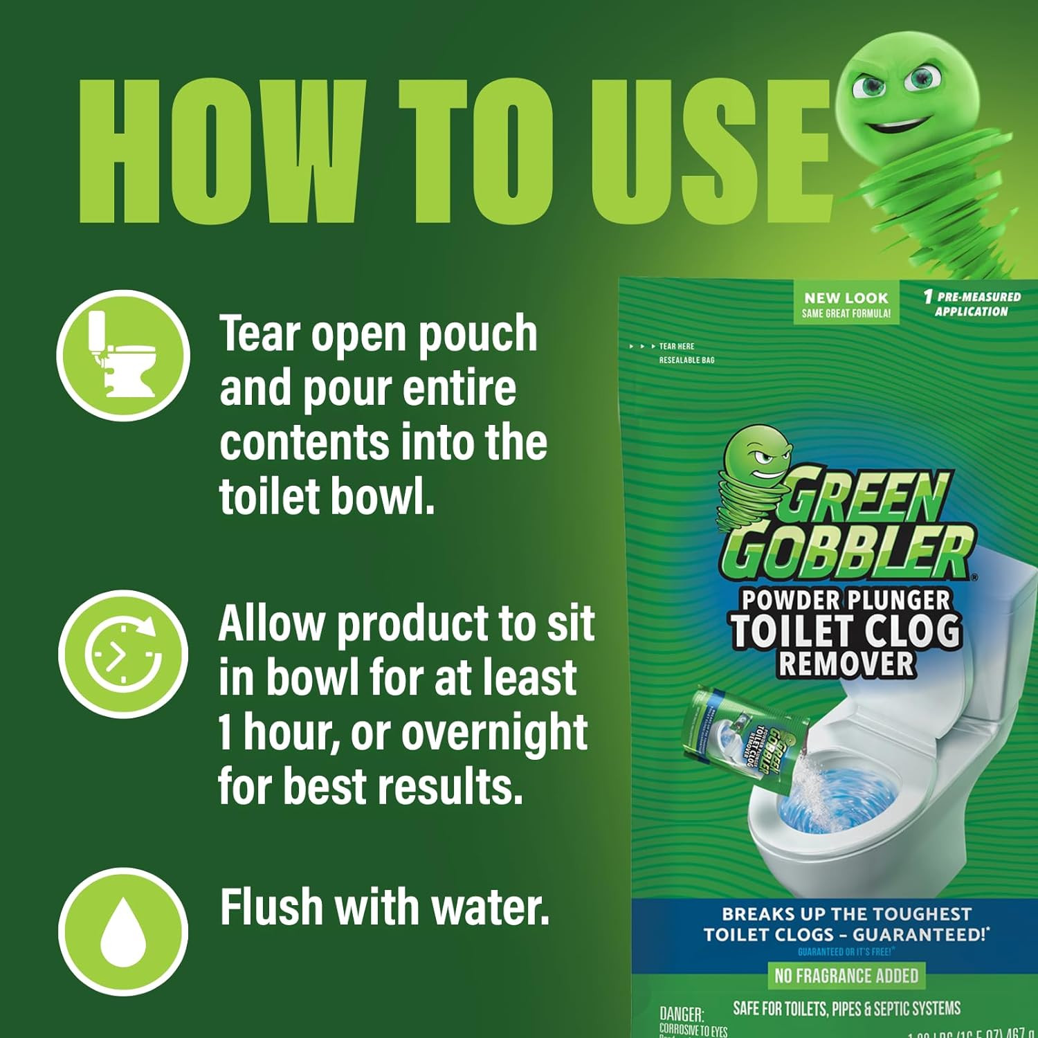 Green Gobbler POWDER PLUNGER Toilet Bowl Clog Remover – 2 Pack Net WT 16.5 Oz