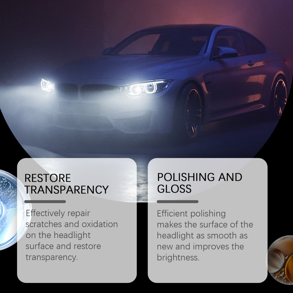 Car Headlight Restoration Kit, Scratch & Oxidation Remover, Lens Cleaner Polish
