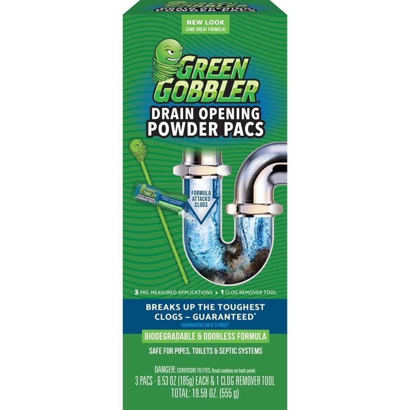 GREEN GOBBLER Granular Drain Opener Clog Remover 3 Packets Sink Bathtub
