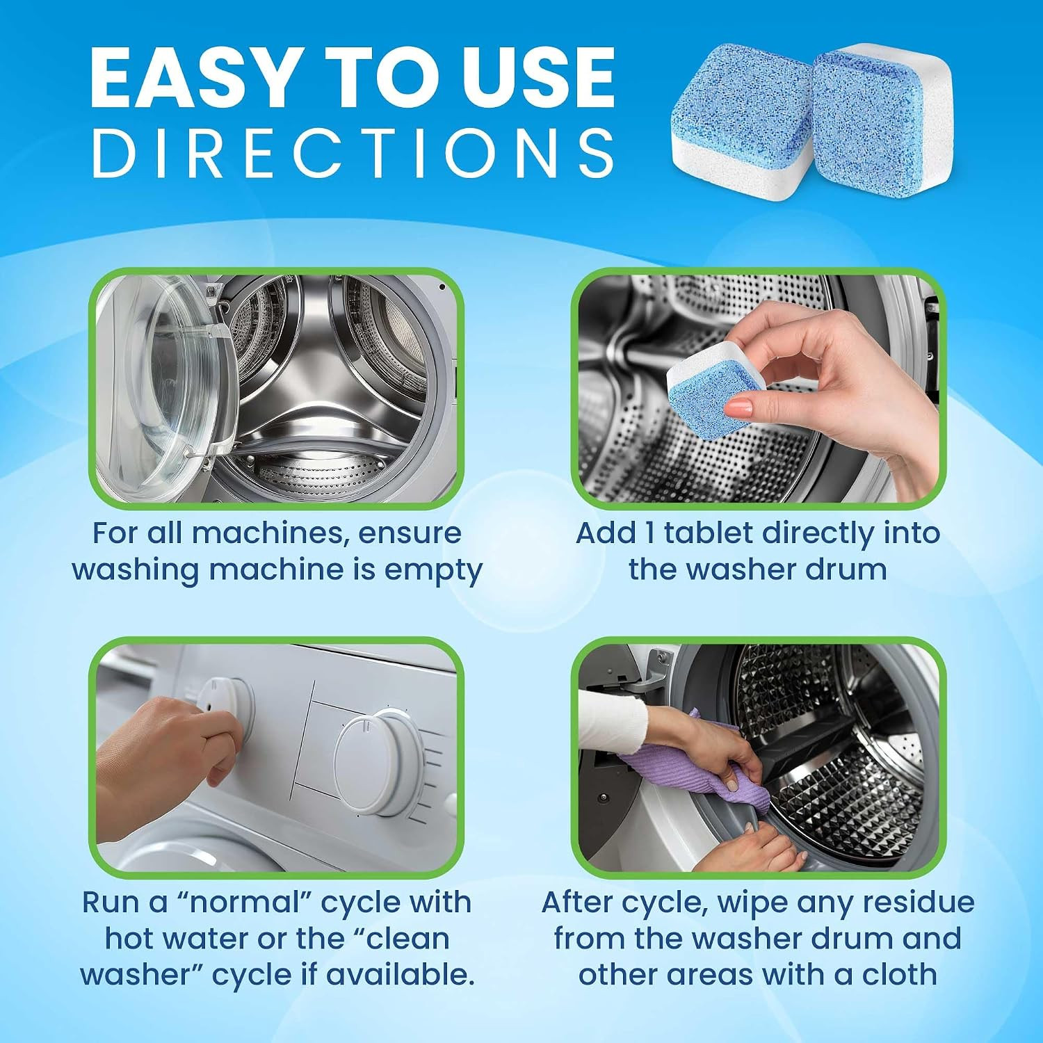 Washing Machine Cleaner Tablets 48 Pack – Deep Cleaning Descaler for HE, Front &