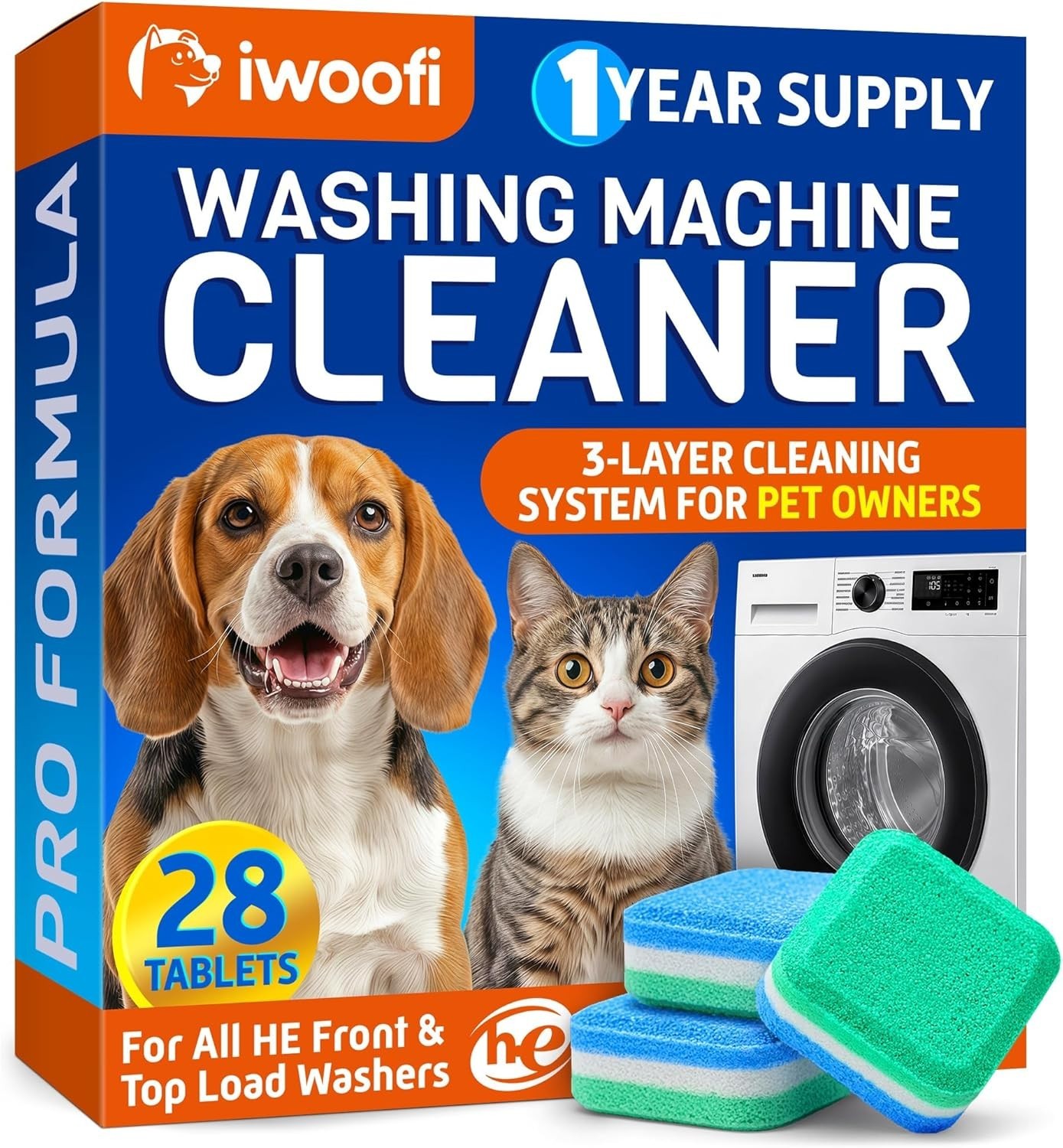 Pet Washing Machine Cleaner Tablets Removes Dog Cat Hair Odor Front Top Load 28C