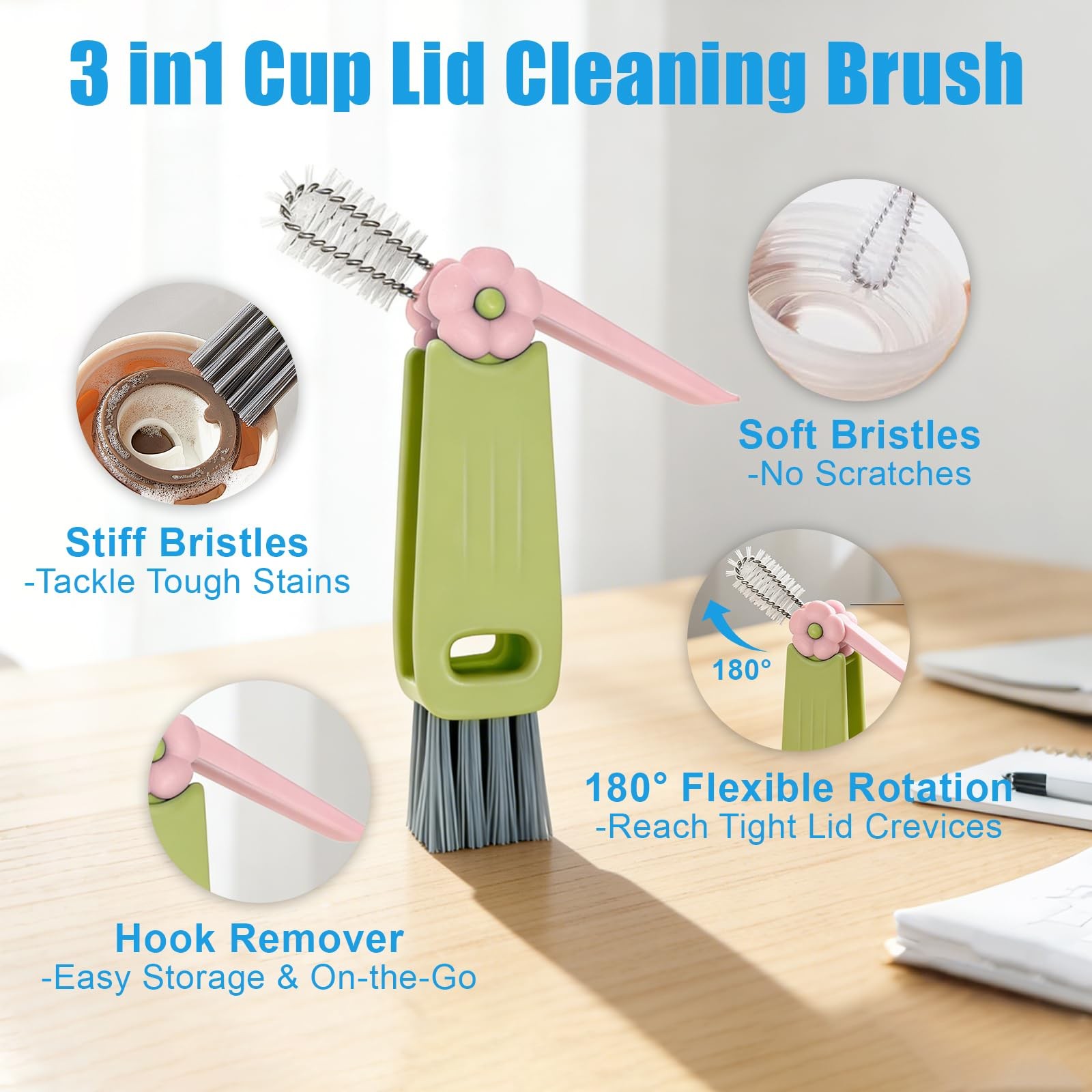 7Pcs 3-in-1 Cup Lid Gap Cleaning Brush & Straw Brush Set, Reusable Metal Stra…