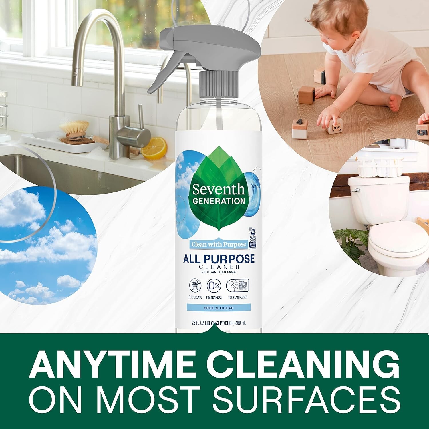 Seventh Generation All-Purpose Cleaner, Free & Clear,  Septic Safe, 23 oz X 4.